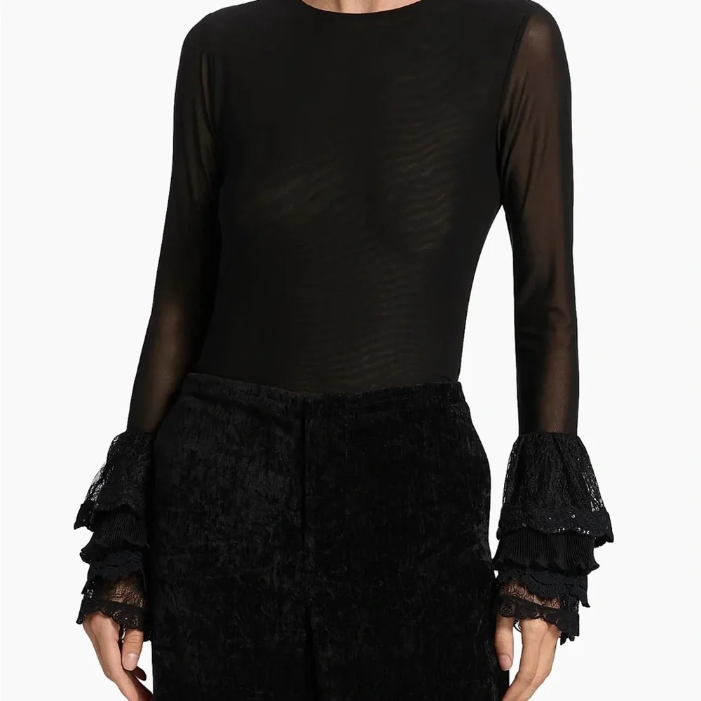 Alice + Olivia Sheer Black Blouse with Lace Bell Sleeves Size Large NEW - Picture 4 of 7